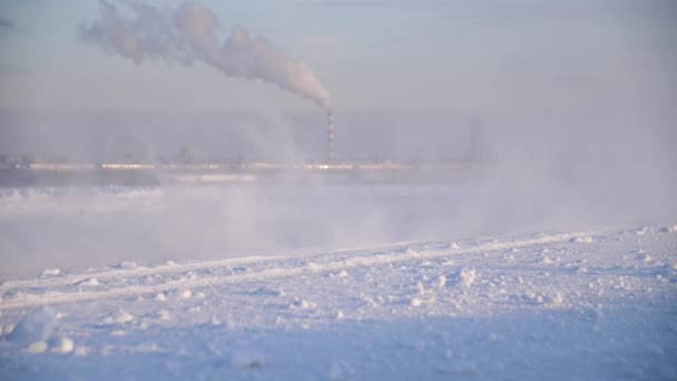 Leere schneebedeckte Straße in winterlicher Landschaft. Straße mit Schnee bedeckt. Auf der Oberfläche ein paar Spuren, Nebel und Schnee in der Ferne, schlechte Sicht. Winterlandschaft — Stockvideo