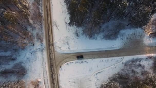 T-tvar křižovatky v zasněžený les na zimní den. Letecký pohled. Záběry. Auto jezdí v křižovatce v zasněženém lese na zimní den. Letecký pohled. — Stock video