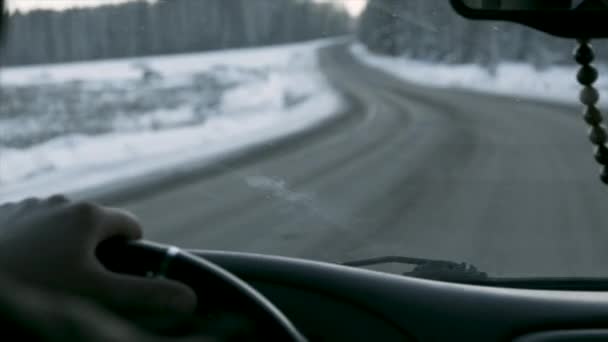 Auto interieur en winter weg. Beeldmateriaal. Bestuurder en passagier weergave vanuit de cockpit van een auto op de besneeuwde weg, achteraanzicht — Stockvideo