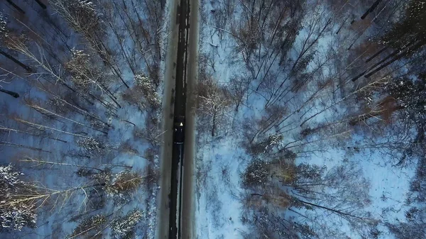 在树林中乘坐汽车的最高视图。录像.汽车在树林里的一条冬天的路上行驶着。 — 图库照片