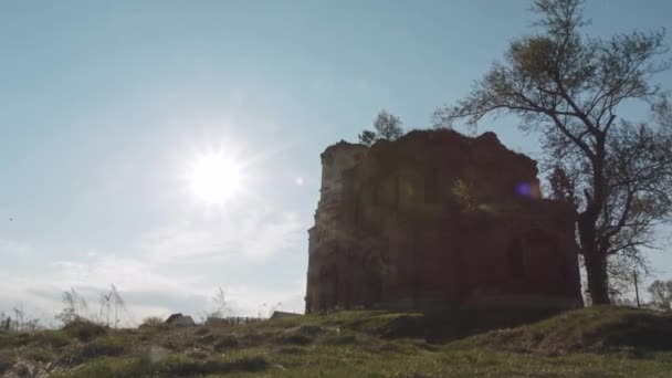 Velho tijolo casa-celeiro ou templo em campos de verão. Vídeo. O edifício e a árvore ao amanhecer. Céu azul colorido com nuvens. Paisagem primavera. A cena rural. Os raios do sol através da árvore — Vídeo de Stock