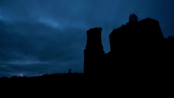 Mística silueta de un templo o castillo contra el cielo nublado y cuervos volando en el cielo por la noche. Vídeo. El castillo de piedra viejo grande en la roca durante la tormenta pesada y la lluvia. Iglesia aterradora — Vídeo de stock