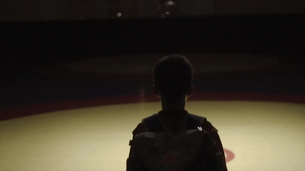 Мальчик с рюкзаком в спортзале. Мальчик идет на тренировку по дзюдо в темноте выходит на свет — стоковое видео