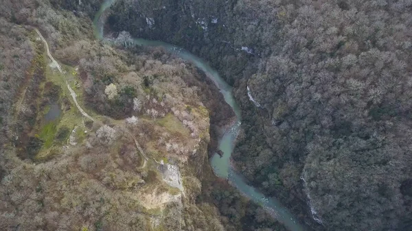Top view on river in autumn. Clip. River surrounds yellow field and green forest. Mountains slopes covered with lush green vegetation in foreground