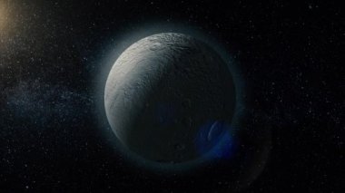 Rhea, uzay bacground orta ölçekli ay Satürn'ün Satürn'ün orta ölçekli ayda. 3D render. Rhea ay Satürn'ün