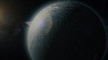 Rhea, uzay bacground orta ölçekli ay Satürn'ün Satürn'ün orta ölçekli ayda. 3D render. Rhea ay Satürn'ün