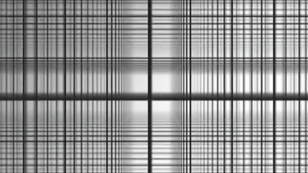白い正方形の幾何学的なスパイラルは、動きの白い背景を抽象化します。黒い線のグリッドが白い背景をランダムにフリップ。バンドの黒と白の組成 — ストック動画