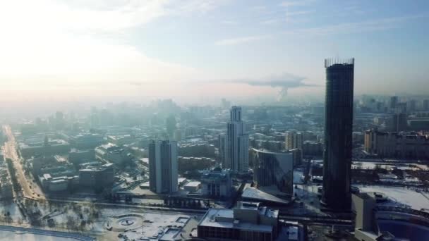 Yekaterinburg city, city center view, Ekaterinburg, Urals, Russia. Top view of the modern city with skyscrapers in winter — Stock Video