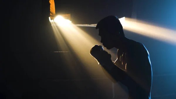 Silhouet van man atleet staande en doen Shadow Boxing oefeningen in Gym. Boxer doet een schaduw strijd — Stockfoto