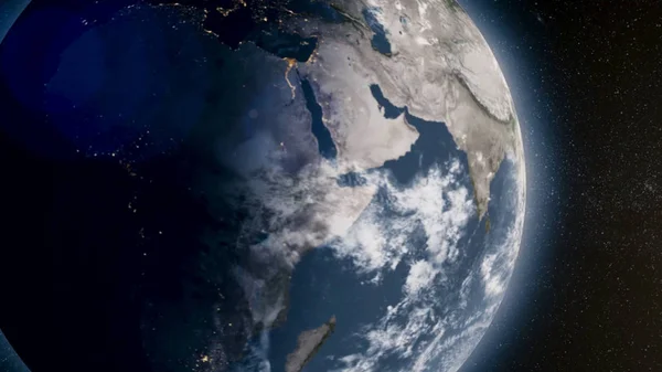 Planet earth with sun rising from space. The Earth from space showing all they beauty. Extremely detailed footage. Planet earth with sunrise in space. Animation — Stock Photo, Image