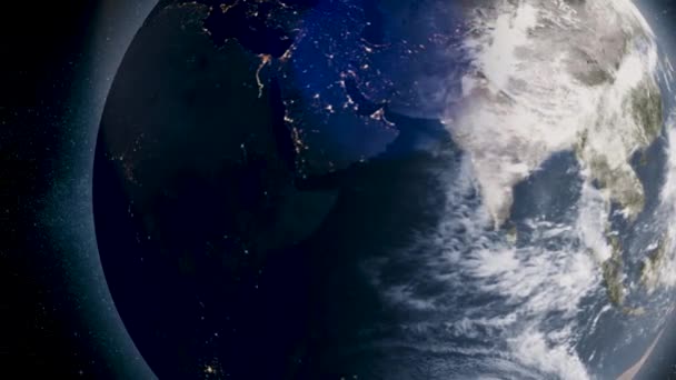 Planet Erde mit aufgehender Sonne aus dem All. die Erde aus dem All zeigt all ihre Schönheit. extrem detailliertes Filmmaterial. Planet Erde mit Sonnenaufgang im All. Animation