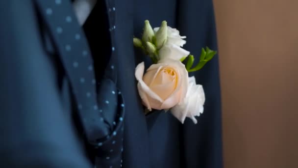 Boutonniere in der Tasche der Jacke des Bräutigams in seinem Hochzeitstag. Clip. Rose in der Jackentasche — Stockvideo