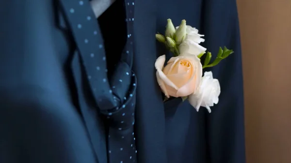 Бутоньєрка в кишені куртки нареченому в день свого весілля. Кліп. Роза в кишеню піджака — стокове фото