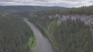 Güzel dağ nehir ve güzel orman üzerinde uçan. Küçük. Sis, güneş hava Nehri üzerinde gündoğumu, mistik Nehri'nin havadan görünümü