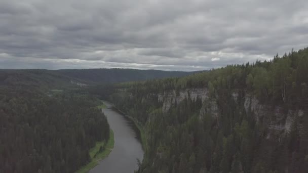 Vliegen over de prachtige berg rivier en de prachtige bos. Clip. Luchtfoto van mystieke rivier bij zonsopgang met mist, zon boven de rivier luchtfoto — Stockvideo