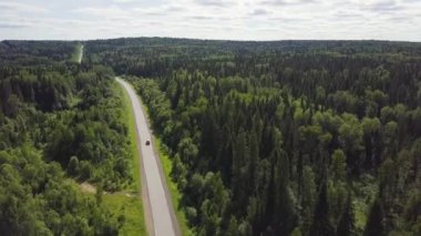 Ormandaki ülke yolda araba beyaz araba hava görünümünü. Havadan görünümü eski üzerinde uçan iki lane orman yol araba hareket ile yeşil ağaçlar her iki büyüyen yoğun Woods yamalı. Boyunca sürüş araba