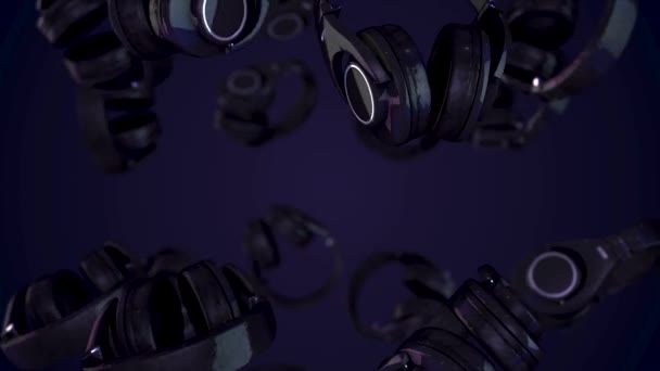 Animation casque avec boucles vidéo canal alpha. Écouteurs rotatifs. Animation casque avec égaliseur graphique en arrière-plan et onde sonore lumineuse .