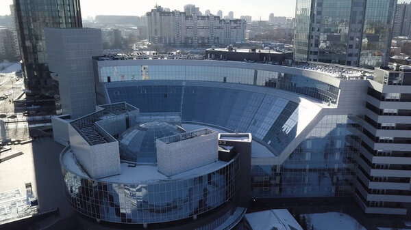 Aerial view to the central part of Yekaterinburg, Russia in a winter day. Yekaterinburg city, city center view, Ekaterinburg, Urals, Russia. Modern city with skyscrapers in winter. Aerial view on