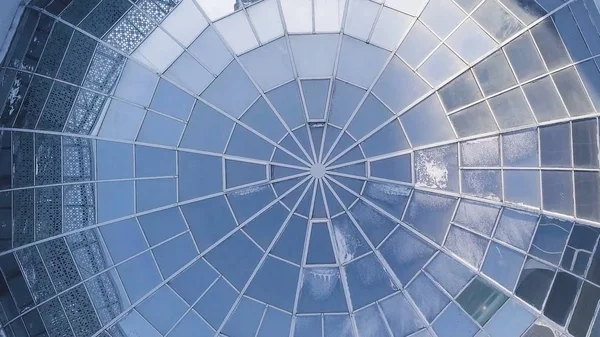 Ovanifrån på strukturella glasfasad svängda taket av fantastisk kontorsbyggnad. Moderna och samtida arkitektoniska fiktion med glas stål kolumn. Glaskupol och solen. Ovanifrån på glaskonstruktion — Stockfoto