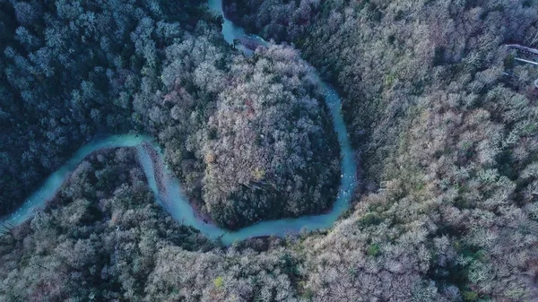 Top view on winding river and mountain. Clip. Aerial View on flying over the beautiful mountain River and beautiful forest. Aerial camera shot. Landscape panorama. flight over mountain river