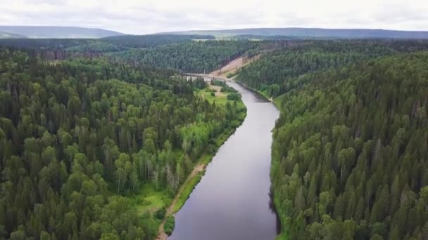 rivière qui coule dans la forêt. Vue aérienne. Clip. Vue aérienne du lac forestier pendant la journée d'été. Les nuages blancs sont sur l'horizon. Vue aérienne d'un paysage verdoyant avec une rivière 