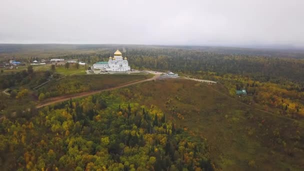 Вид с воздуха на большую белую христианскую церковь с золотыми куполами на холме и поле с лесным фоном. Клип. Верхний вид на храм посреди леса — стоковое видео