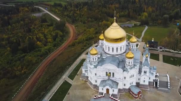 Aerial view on great white christian church with golden domes on the hill and field with forest background. Clip. Top view on Temple in the middle of the forest — Stock Video