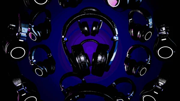 Ilustração 3D fones de ouvido rotativos. Fones de ouvido cinza isolados no fundo da cor. Fones de ouvido caindo — Fotografia de Stock