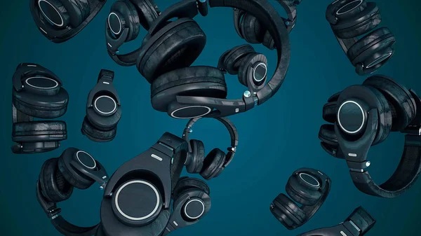 3D illustration roterande hörlurar. Grå hörlurar isolerad på färgbakgrund. Fallande hörlurar — Stockfoto