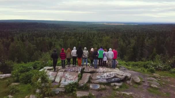 Menschen stehen händchenhaltend auf dem Gipfel des Berges und blicken in die Ferne mit Naturhintergrund und Wald. Blick von hinten auf die Menschen im Wahlkampf, die am Rande des Berges stehen — Stockvideo