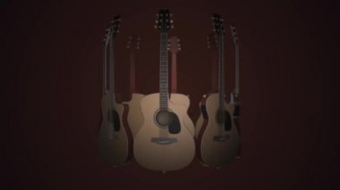Gitar - klasik, halk, Bard, Rock müzik enstrümanı uçan. Kırmızı bir arka plan üzerinde gerçekçi 3d animasyon. Gitar animasyon