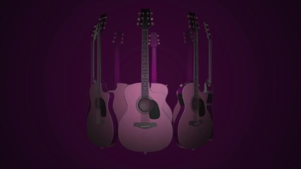 Létající kytary - klasické, lidové, Bard, rockové hudební nástroj. Realistické 3d animace na fialové pozadí. Kytara animace — Stock video