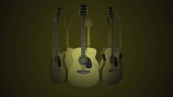 クラシック、フォーク、バード、ロック音楽楽器ギターを飛んでいます。黄色の背景に現実的な 3 d アニメーション。ギター アニメーション — ストック動画