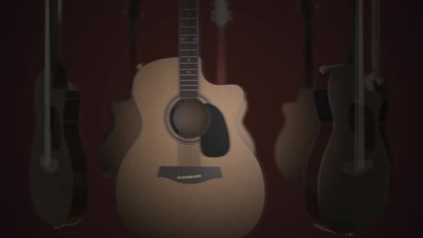 Flygande gitarrer - Classic, folkmusik, Bard, Rock musik instrumenterar. Realistisk 3d-animering på röd bakgrund. Gitarr-animering — Stockvideo