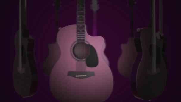 Flying Guitars - Classic, Folk, Bard, Rock Music Instrument (en inglés). Animación 3D realista sobre fondo violeta. Animación de guitarra — Vídeos de Stock