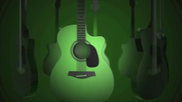 Guitarras voadoras - Classic, Folk, Bard, Rock Music Instrument. Animação 3D realista em fundo verde. Animação de guitarra — Vídeo de Stock