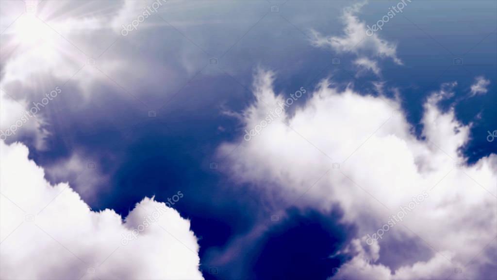 Animation of moving clouds in the sky. Flying over the timelapse clouds with the afternoon sun. Seamlessly looped animation. Flight through moving cloudscape with beautiful lens flare. Traveling by