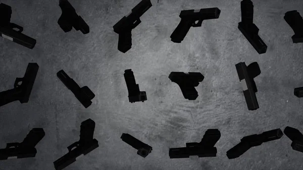 Зброя анімація, сірий фон. Гармати озброєні чорними військовими пістолетами. 3D петля об'єкта анімації — стокове фото