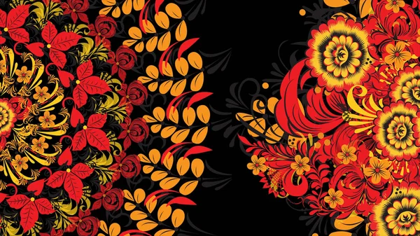 Khokhloma. Abstract fractal transformation background. Loopable. Painting Khokhloma Russia of bright red flowers and berries on black and gold background. Abstract background of red polygons