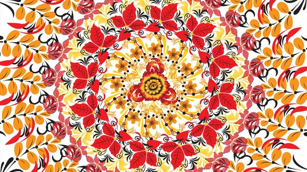 Khokhloma. Abstract fractal transformation background. Loopable. Painting Khokhloma Russia of bright red flowers and berries on black and gold background. Abstract background of red polygons