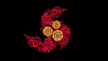 Khokhloma. Soyut fraktal dönüştürme arka plan. Loopable. Khokhloma Rusya, parlak kırmızı çiçek ve meyveleri siyah ve altın arka plan üzerinde boyama. Arka plan, kırmızı çokgenler