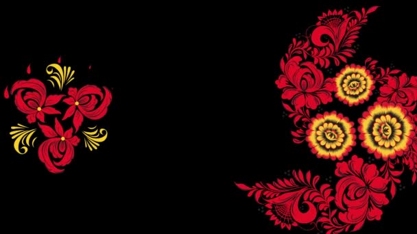 Khokhloma. Fondo abstracto de transformación fractal. Loopable. Pintura Khokhloma Rusia de flores y bayas de color rojo brillante sobre fondo negro y oro. Fondo abstracto de los polígonos rojos — Vídeos de Stock