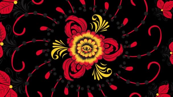 Abstract bright rotating kaleidoscope of retro flower pattern. Colorful background. Seamless loop animation. Abstract movement view of water fountain with black background and shapes — Stock Video