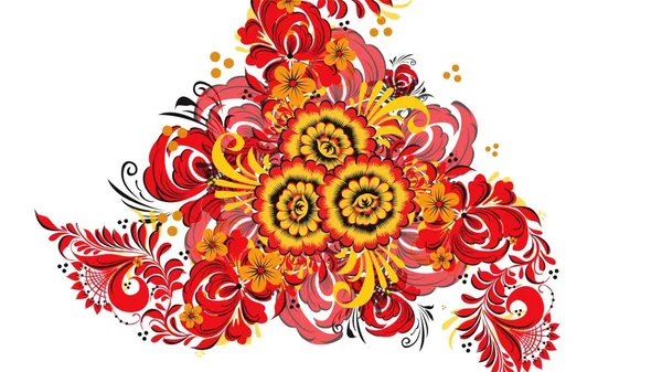 Khokhloma. Abstrakta fractal omvandling bakgrund. Loopable. Målning Khokhloma Ryssland av ljusa röda blommor och bär på vit bakgrund. Abstrakt bakgrund av Röda polygoner — Stockfoto