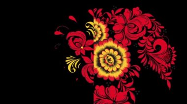 Khokhloma Rusya, parlak kırmızı çiçek ve meyveleri siyah arka plan üzerine. Animasyon Khokhloma