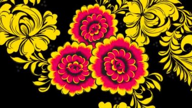 Khokhloma Rusya, parlak kırmızı çiçek ve meyveleri siyah arka plan üzerine. Animasyon Khokhloma