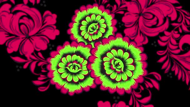 Khokhloma Rosja jasne czerwone kwiaty i owoce na czarnym tle. Animacja Khokhloma — Wideo stockowe
