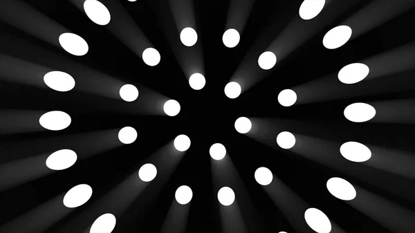 Animace rotace kruhy vyrobené z reflektorů na černém pozadí. Abstraktní pozadí animace otáčení kruhy a kroužky s paprsky světla a záře. Animace z abstrakce světelný tunel — Stock fotografie