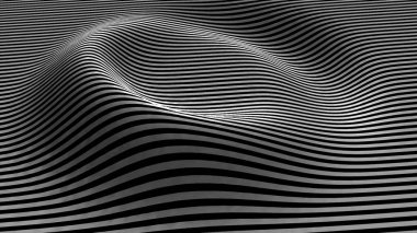 Beyaz zemin üzerinde siyah ve beyaz dalgalar - çizgilerden oluşan yüzey, yatay hareket - kusursuz döngü. Doku kıvrımlı çizgiler. Çizgiler soyut arkaplan
