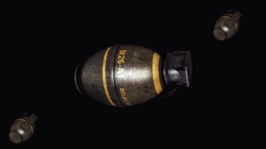 El bombası. Siyah arka plan üzerine el bombası animasyon. Siyah arka plan üzerine izole dönen el bombası